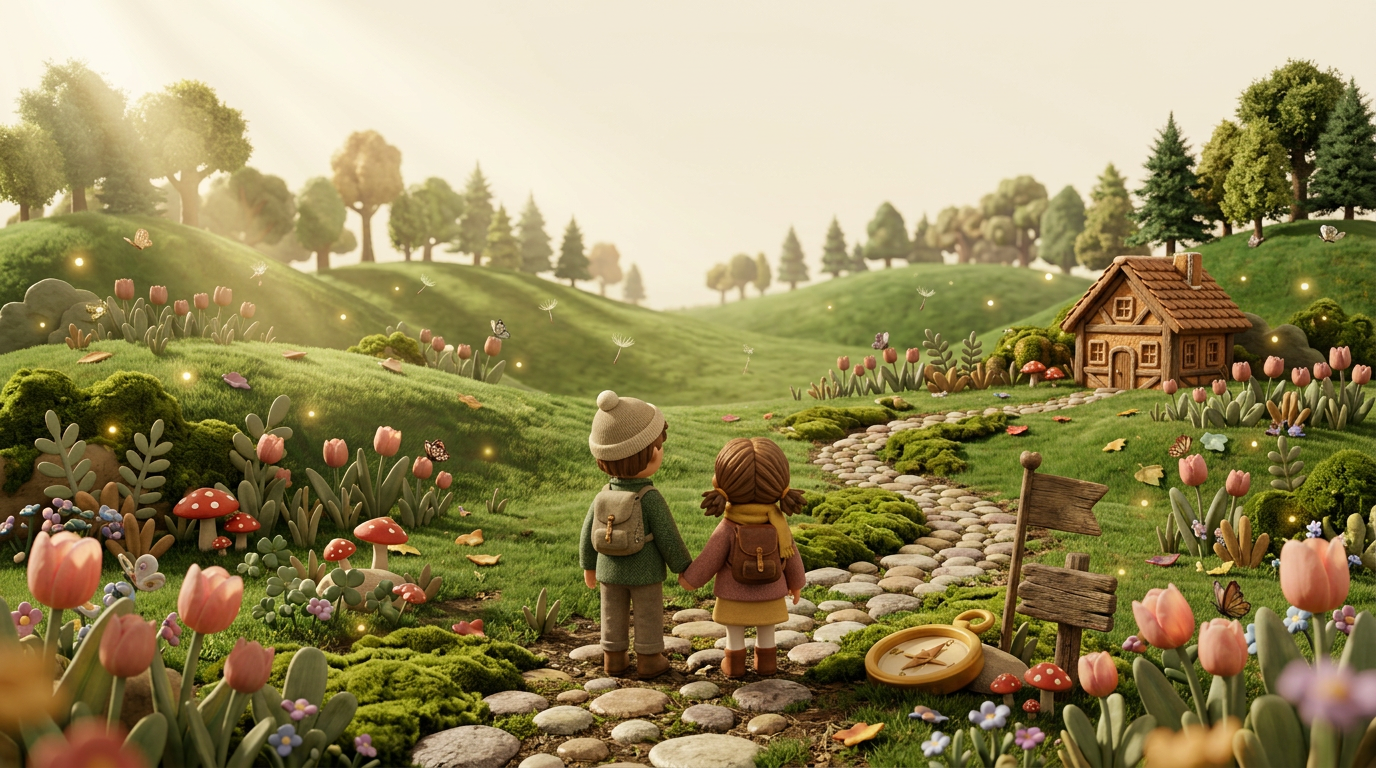 Two children walking through a gentle storybook meadow toward a small cottage