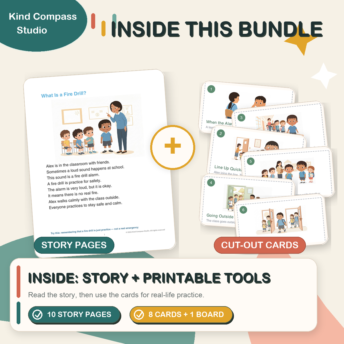 Fire drill story pages and cut-out cards bundle preview