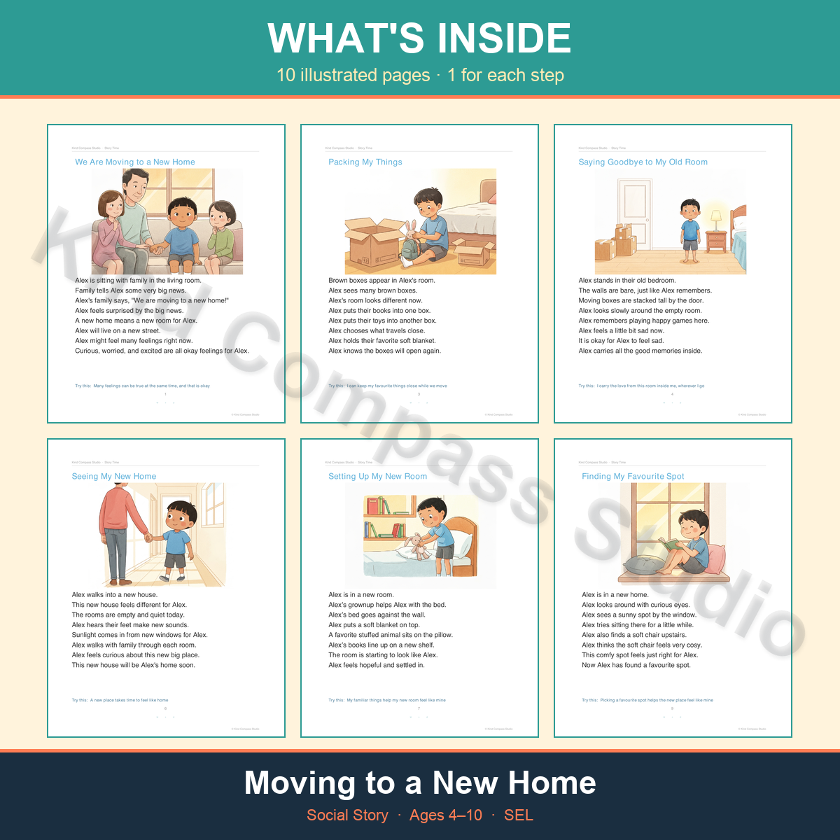 Moving to a new home illustrated story pages preview
